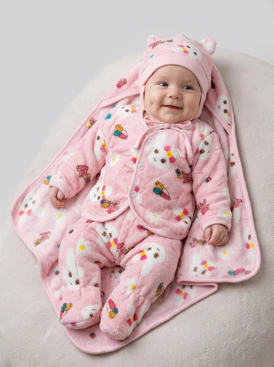 Baby Girls Light Pink Bunny Print 6-Piece Fleece Winter Set