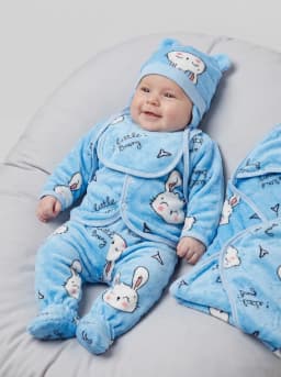 Baby Boys and Girls Sky Blue Bunny Print Fleece 6-Piece Clothing and Blanket Set