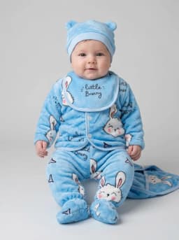 Baby Boys and Girls Sky Blue Bunny Print Fleece 6-Piece Clothing and Blanket Set