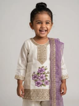 Girls Off-White Floral Kurta Sharara Set With Purple Dupatta