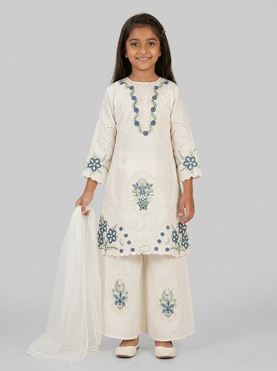 Girls Off-White Floral Embroidered Kurta with Palazzo and Dupatta Set