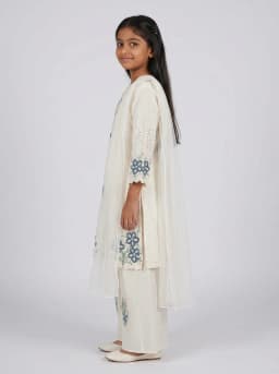 Girls Off-White Floral Embroidered Kurta with Palazzo and Dupatta Set