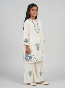 Girls Off-White Floral Embroidered Kurta with Palazzo and Dupatta Set