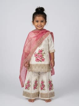 Girls Ivory Floral Kurti and Sharara Set with Rose Pink Dupatta