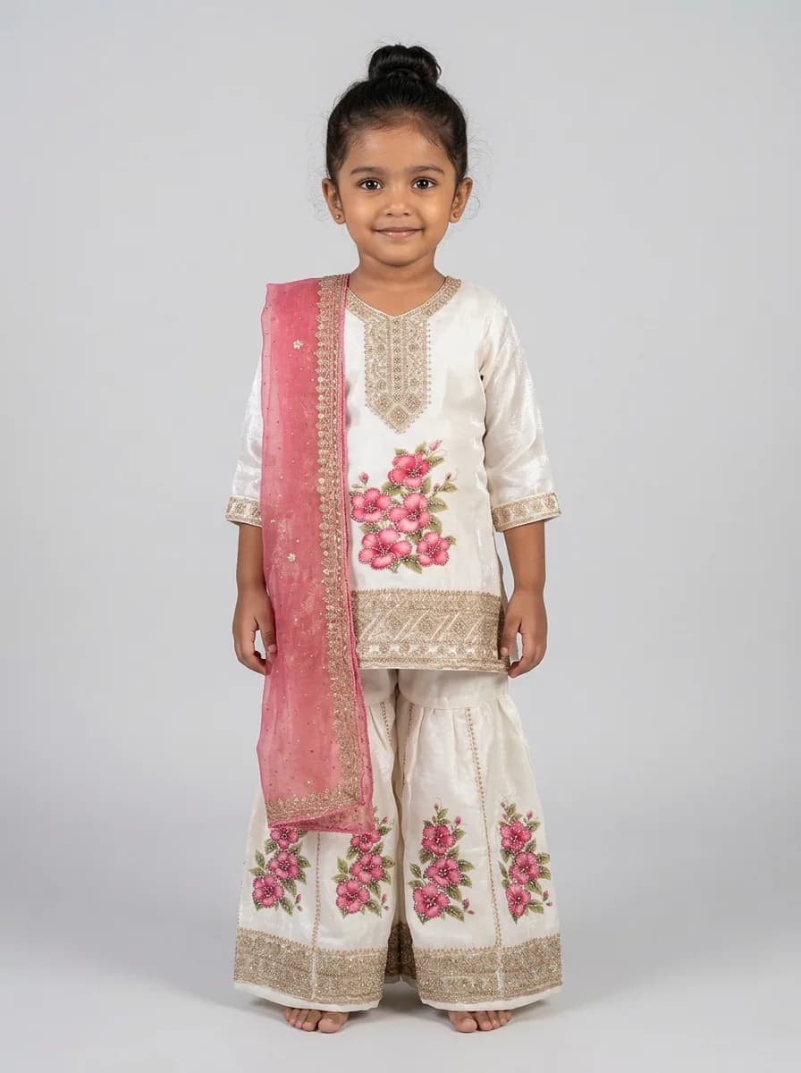 Girls Ivory Floral Kurti and Sharara Set with Rose Pink Dupatta