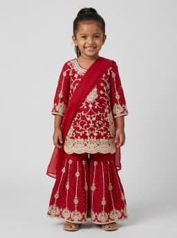 Girls Crimson Red Embroidered Kurti with Sharara and Dupatta Set