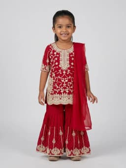 Girls Crimson Red Embroidered Kurti with Sharara and Dupatta Set