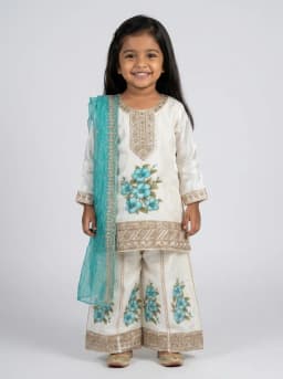 Girls Ivory and Turquoise Blue Embroidered Sharara Suit Set with Dupatta