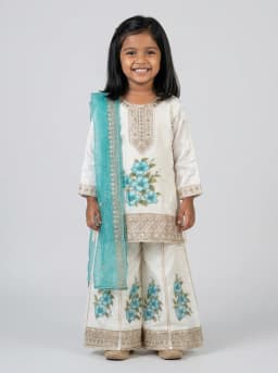 Girls Ivory and Turquoise Blue Embroidered Sharara Suit Set with Dupatta