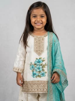 Girls Ivory and Turquoise Blue Embroidered Sharara Suit Set with Dupatta