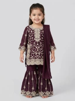 Girls Deep Wine Embroidered Kurti with Sharara and Dupatta Set