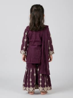 Girls Deep Wine Embroidered Kurti with Sharara and Dupatta Set