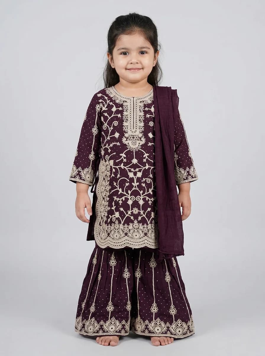 Girls Deep Wine Embroidered Kurti with Sharara and Dupatta Set