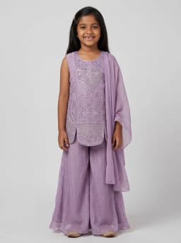 Girls Lavender Embroidered Kurti with Flared Palazzo and Dupatta Set
