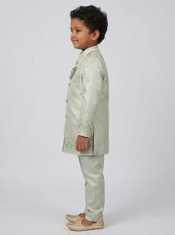 Boys Pale Sage Green Embroidered Sherwani and Trouser Set with Mala