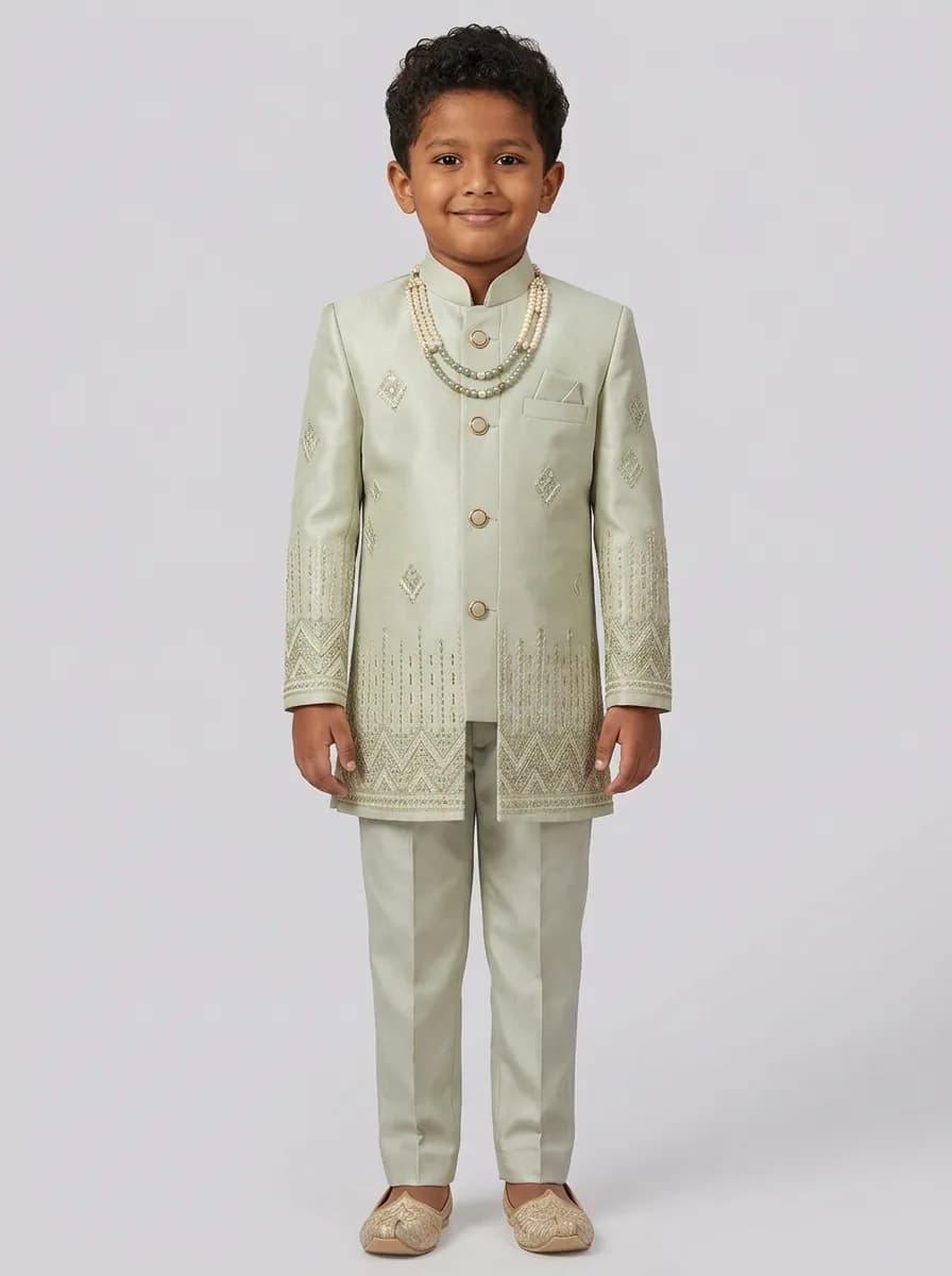 Boys Pale Sage Green Embroidered Sherwani and Trouser Set with Mala
