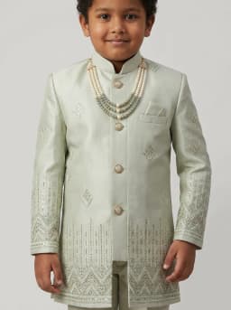 Boys Pale Sage Green Embroidered Sherwani and Trouser Set with Mala