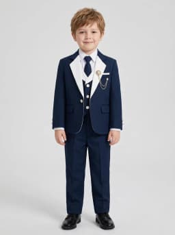Boys Navy Blue 5-Piece Formal Tuxedo Suit Set with Blazer, Waistcoat, Shirt, Trousers and Tie