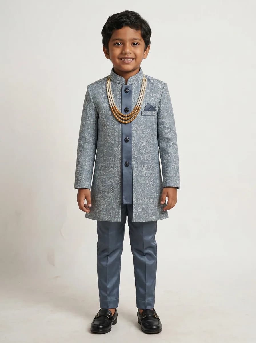 Boys Dusty Blue Jacquard Indo Western Sherwani and Trouser Set with Mala
