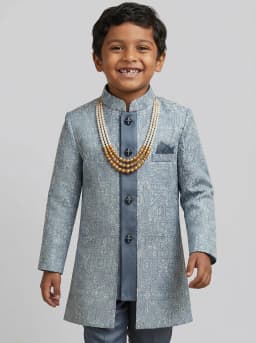 Boys Dusty Blue Jacquard Indo Western Sherwani and Trouser Set with Mala