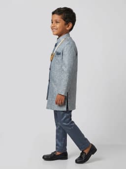 Boys Dusty Blue Jacquard Indo Western Sherwani and Trouser Set with Mala