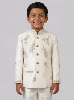 Boys Off-White Embroidered Indo-Western Sherwani and Trousers Set