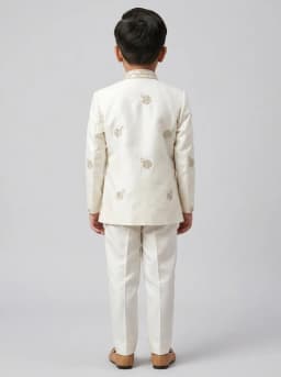Boys Off-White Embroidered Indo-Western Sherwani and Trousers Set