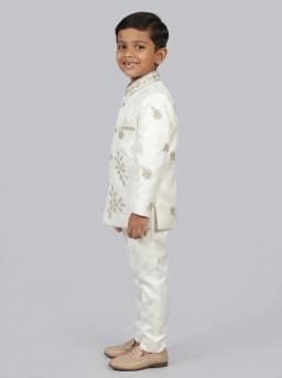 Boys Off-White Embroidered Indo-Western Sherwani and Trousers Set