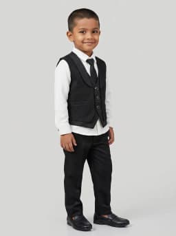 Boys 4-Piece Formal Suit Set with Textured Black Waistcoat, White Shirt and Trousers