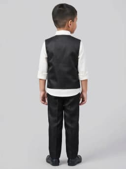 Boys 4-Piece Formal Suit Set with Textured Black Waistcoat, White Shirt and Trousers