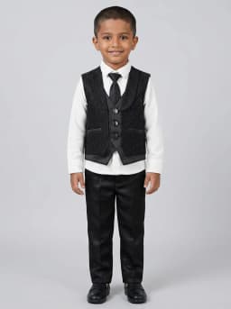 Boys 4-Piece Formal Suit Set with Textured Black Waistcoat, White Shirt and Trousers