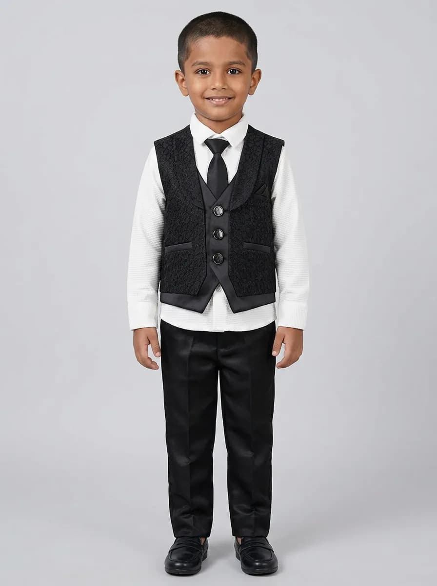 Boys 4-Piece Formal Suit Set with Textured Black Waistcoat, White Shirt and Trousers