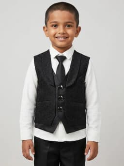 Boys 4-Piece Formal Suit Set with Textured Black Waistcoat, White Shirt and Trousers