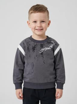 Boys Charcoal Grey Printed Crewneck Sweatshirt with Contrast Stripes