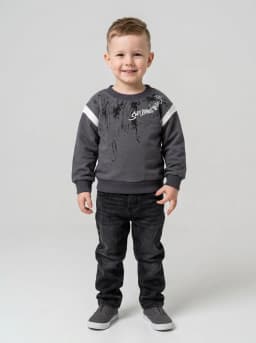 Boys Charcoal Grey Printed Crewneck Sweatshirt with Contrast Stripes