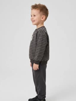Boys Charcoal Grey Striped Typography Crew Neck Sweatshirt