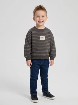Boys Charcoal Grey Striped Typography Crew Neck Sweatshirt