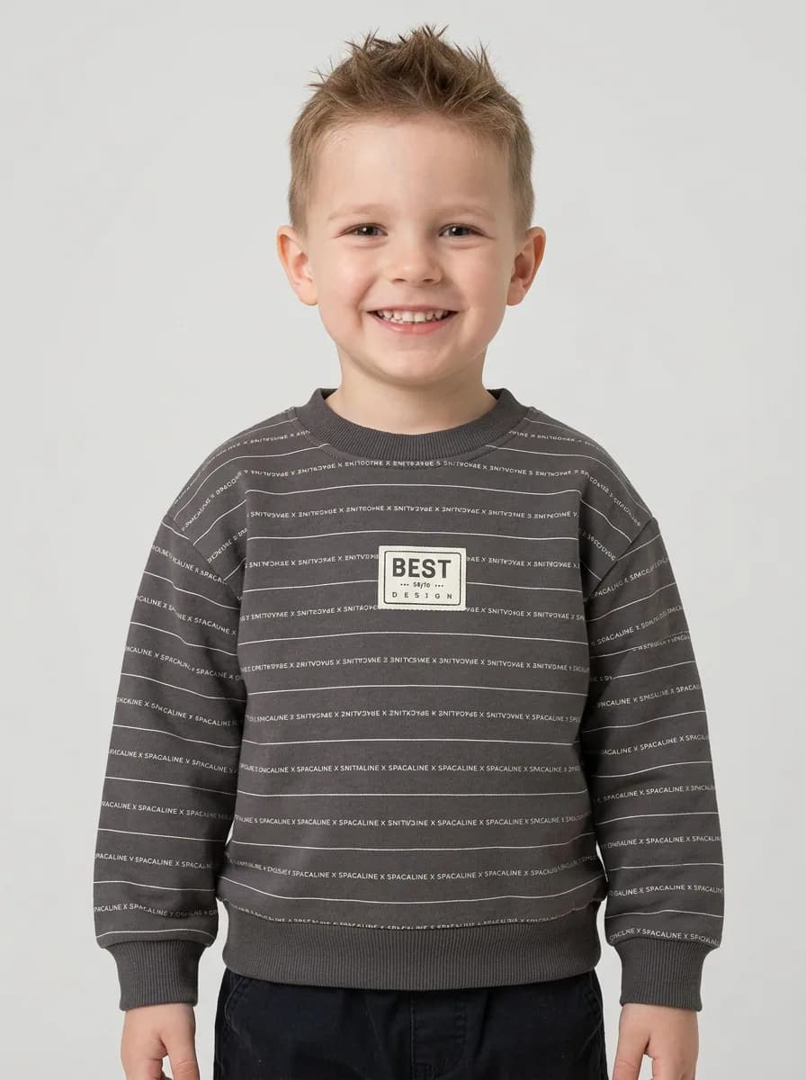 Boys Charcoal Grey Striped Typography Crew Neck Sweatshirt