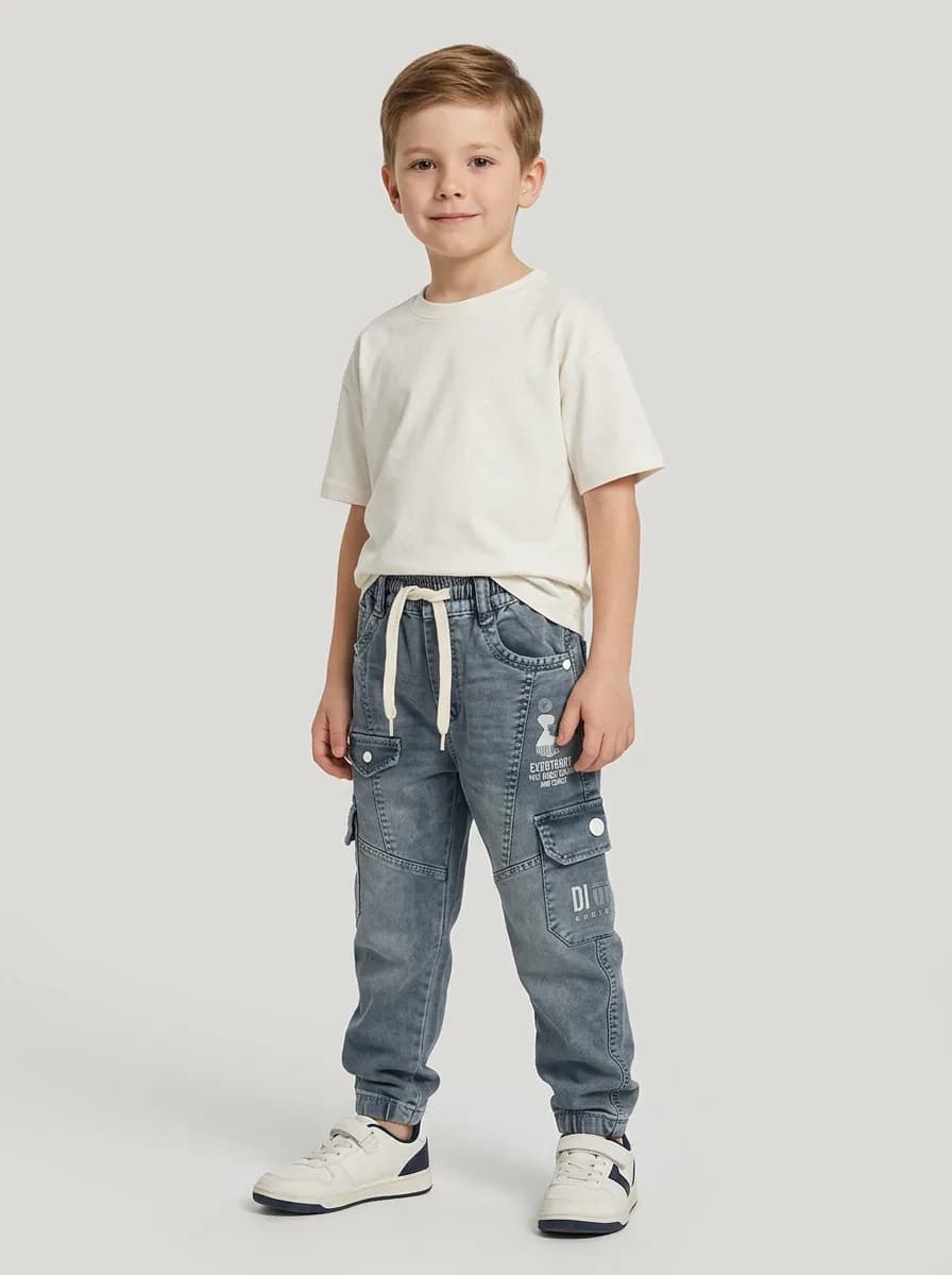 Boys Slate Blue Washed Denim Cargo Jogger Jeans