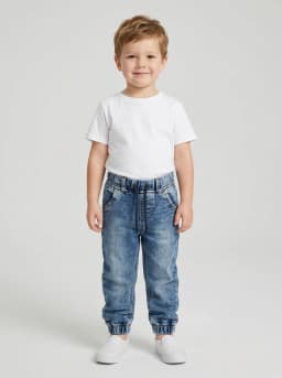 Boys Mid-Blue Stonewash Denim Joggers with Drawstring Waist
