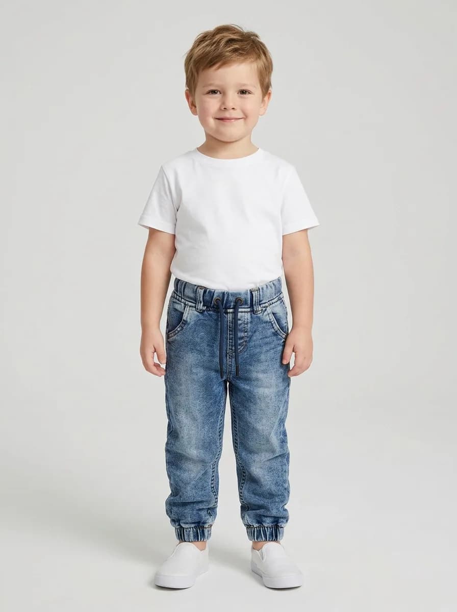 Boys Mid-Blue Stonewash Denim Joggers with Drawstring Waist
