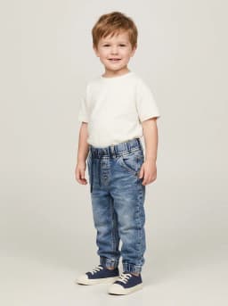 Boys Mid-Blue Stonewash Denim Joggers with Drawstring Waist