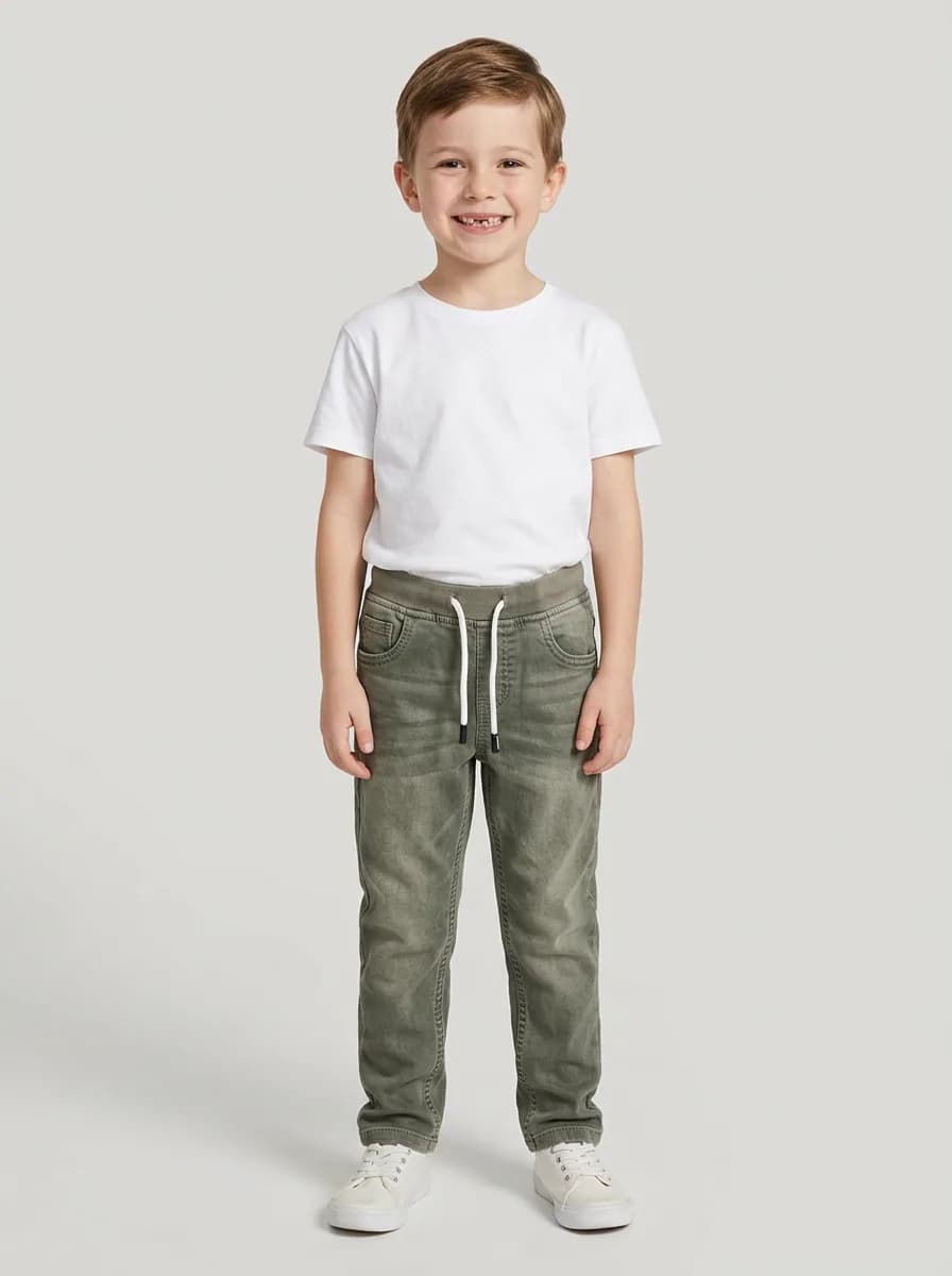 Boys Olive Green Washed Denim Jogger Jeans with Drawstring Waist