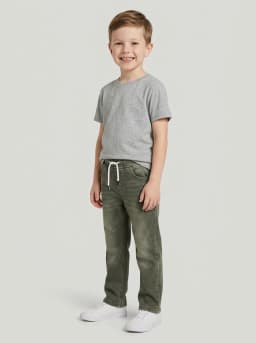 Boys Olive Green Washed Denim Jogger Jeans with Drawstring Waist