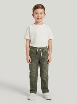 Boys Olive Green Washed Denim Jogger Jeans with Drawstring Waist