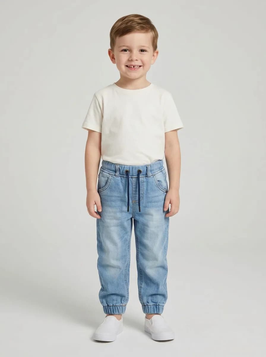 Boys Light Blue Washed Denim Jogger Jeans with Drawstring