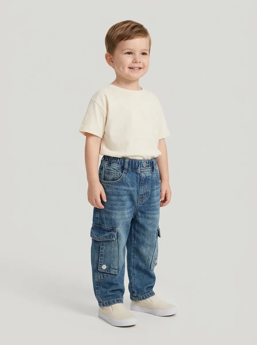 Boys Mid-Blue Washed Denim Cargo Jeans