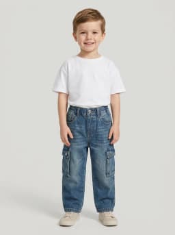 Boys Mid-Blue Washed Denim Cargo Jeans