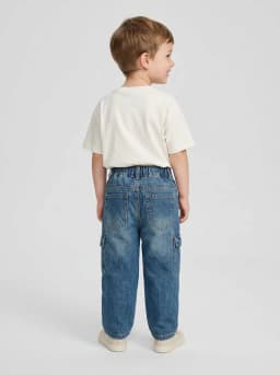 Boys Mid-Blue Washed Denim Cargo Jeans