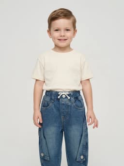 Boys Mid-Blue Washed Denim Cargo Jeans